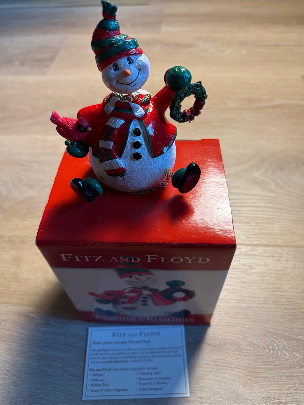 Vintage Fitz & Floyd 2005 Jiggling Christmas Snowman Wreath Figurine Sitter